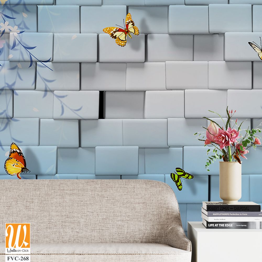 3D block wall with butterflies and flowers Wallpaper [WP-FVC-268]