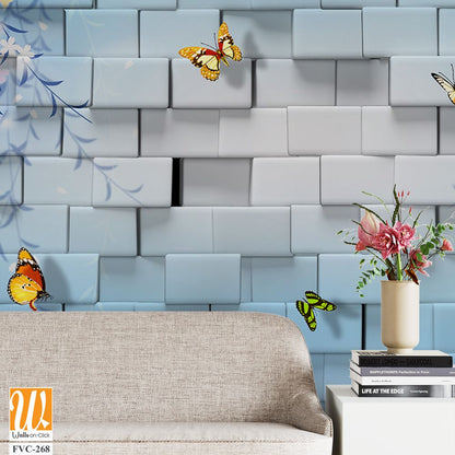 3D block wall with butterflies and flowers Wallpaper [WP-FVC-268]