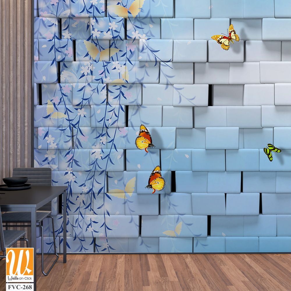 3D block wall with butterflies and flowers Wallpaper [WP-FVC-268]