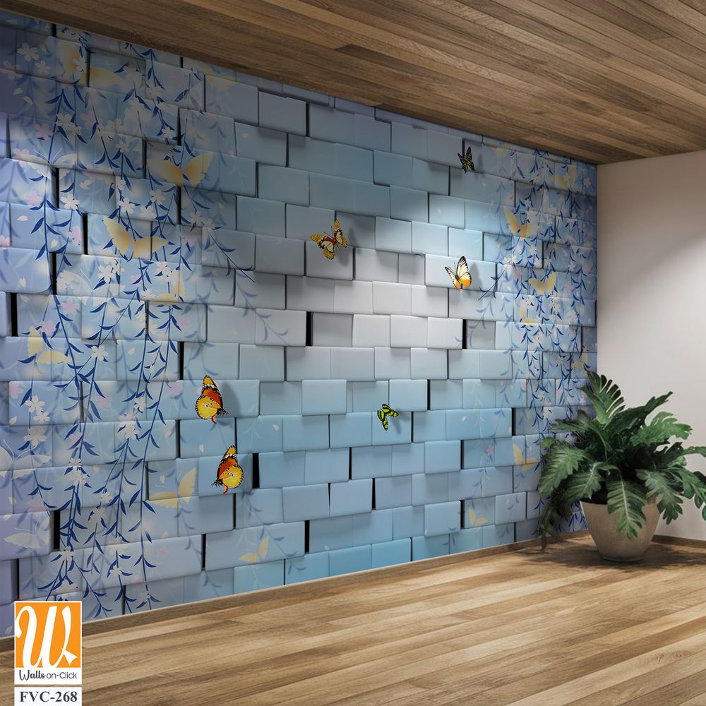 3D block wall with butterflies and flowers Wallpaper [WP-FVC-268]