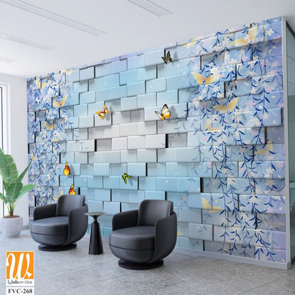 3D block wall with butterflies and flowers Wallpaper [WP-FVC-268]