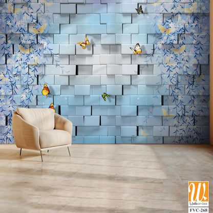 3D block wall with butterflies and flowers Wallpaper [WP-FVC-268]