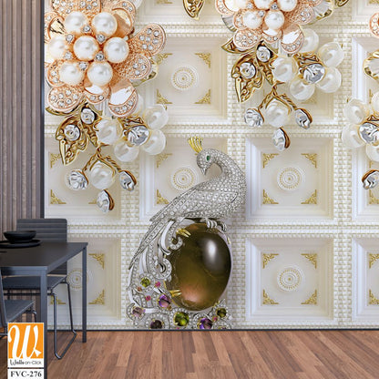 3d wallpaper with white tiles, pearls and peacock with gems [WP-FVC-276]