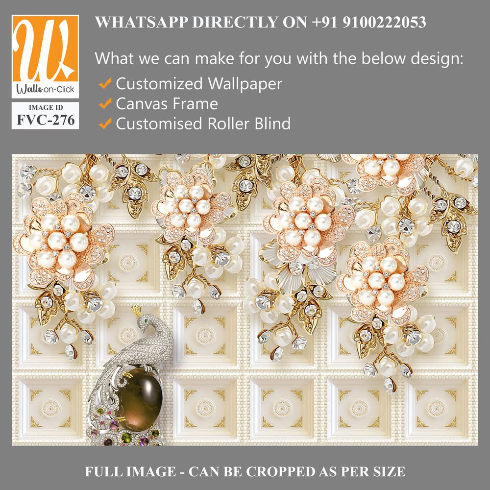 3d wallpaper with white tiles, pearls and peacock with gems [WP-FVC-276]