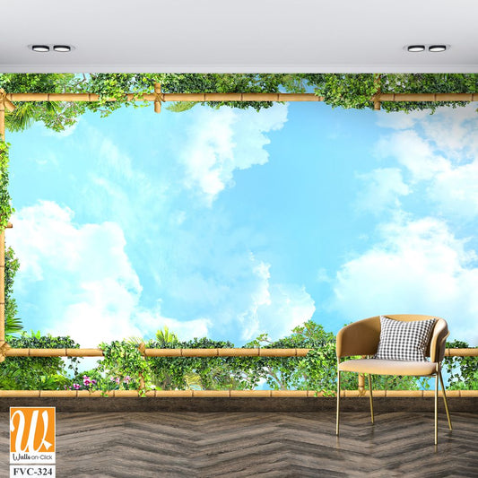 Bamboo frame with blue sky and green plants Wallpaper [WP-FVC-324]