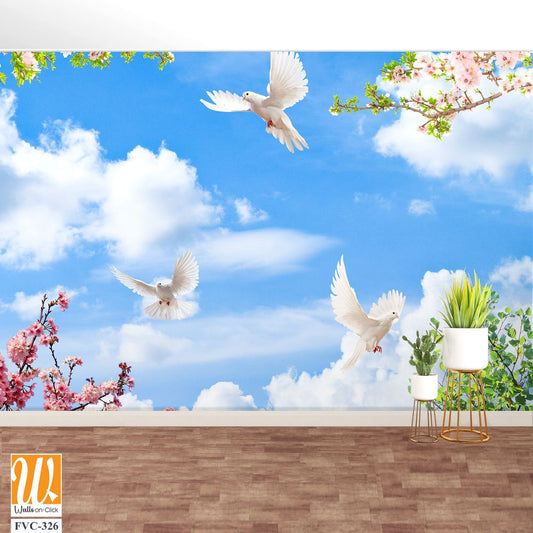 White doves flying in the sky, pink and green leaves Wallpaper [WP-FVC-326]