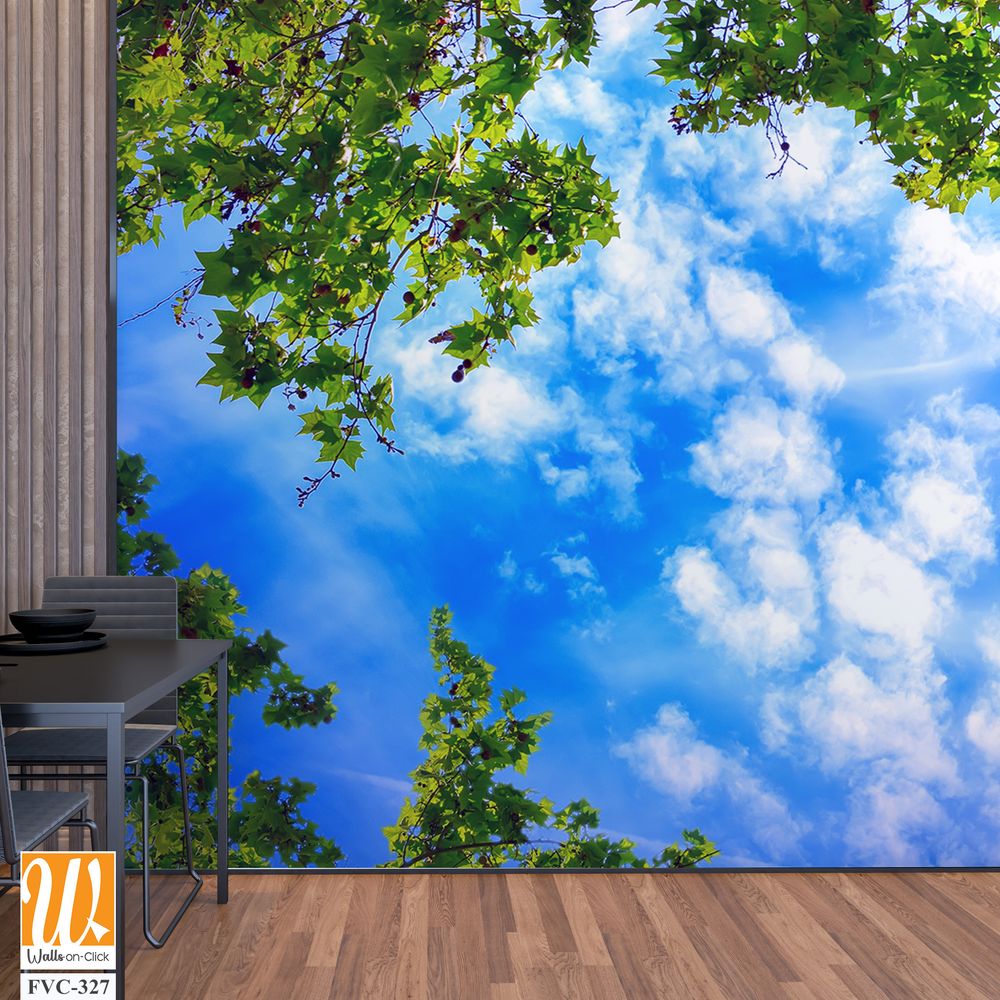 Summer sky with clouds and green leaves Wallpaper [WP-FVC-327]