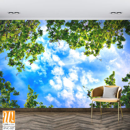 Summer sky with clouds and green leaves Wallpaper [WP-FVC-327]