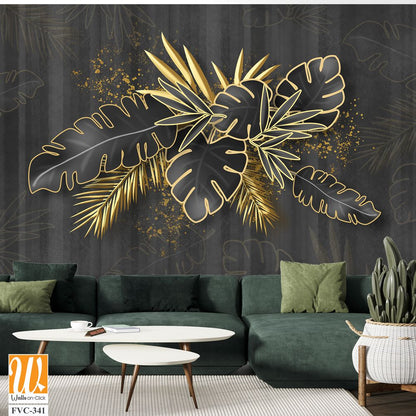 3D black palm leaves and golden plants [WP-FVC-341]