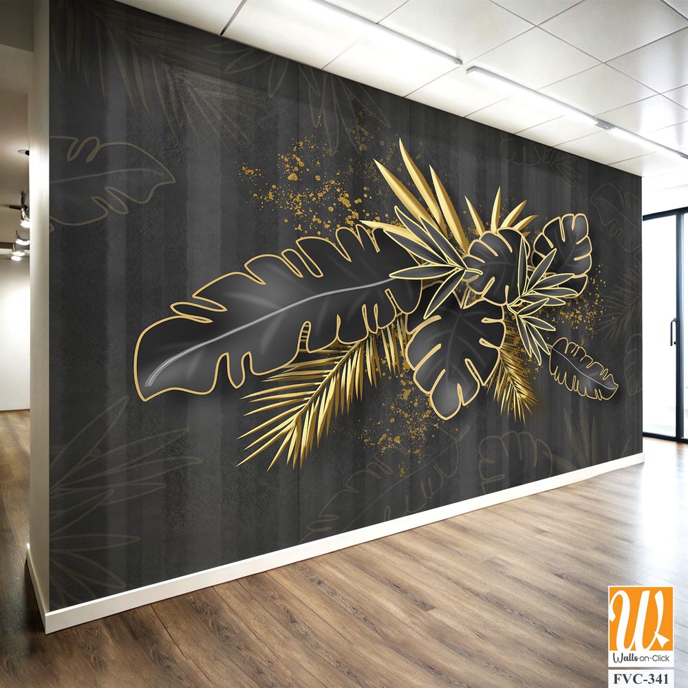 3D black palm leaves and golden plants [WP-FVC-341]