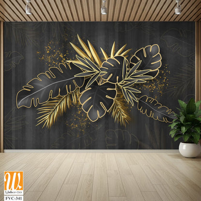 3D black palm leaves and golden plants [WP-FVC-341]