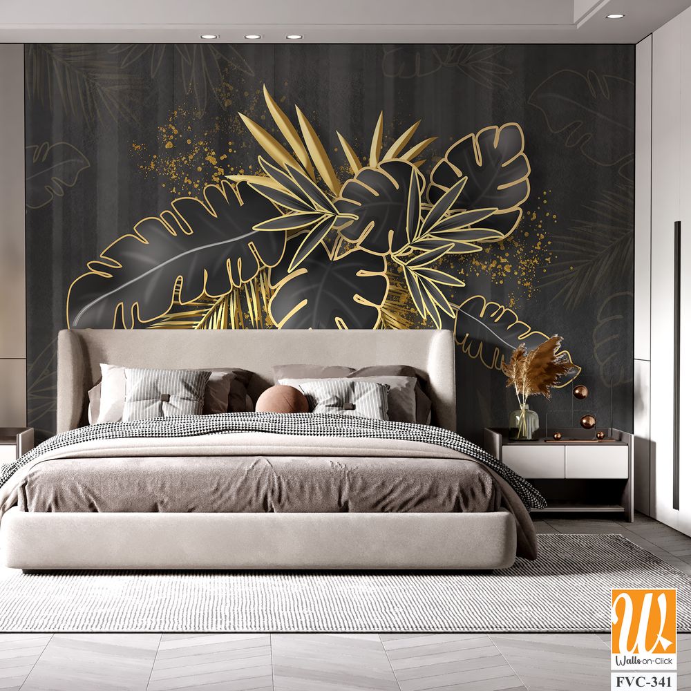 3D black palm leaves and golden plants [WP-FVC-341]