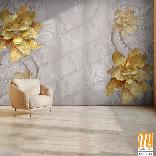 3D floral gold flowers on a lace background Wallpaper [WP-FVC-343]