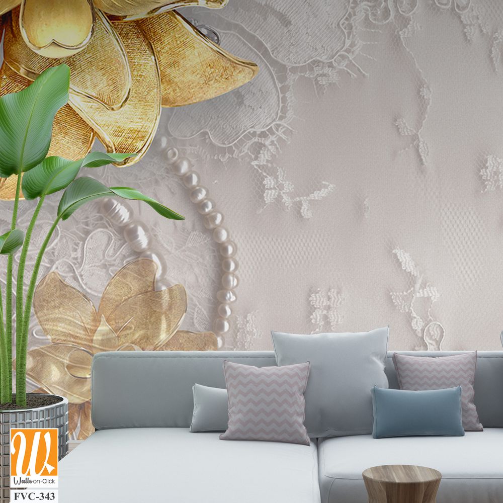 3D floral gold flowers on a lace background Wallpaper [WP-FVC-343]