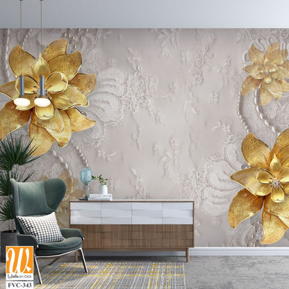 3D floral gold flowers on a lace background Wallpaper [WP-FVC-343]