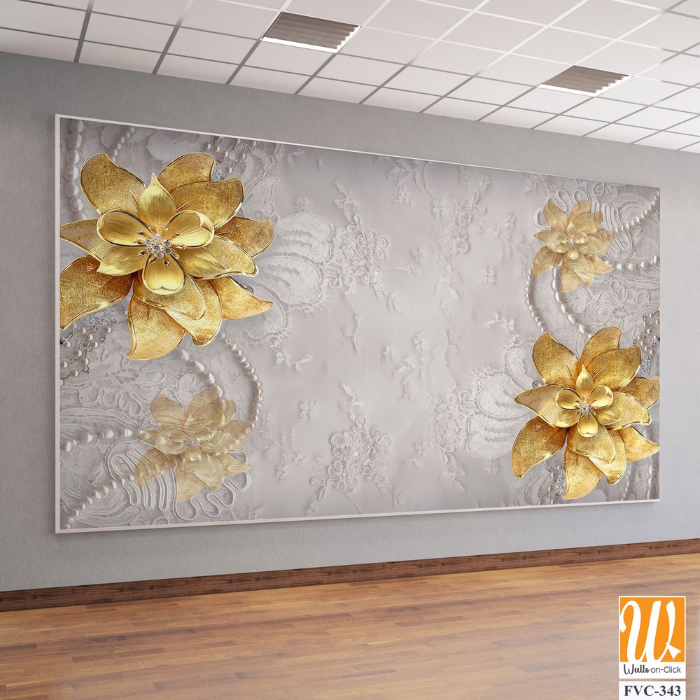 3D floral gold flowers on a lace background Wallpaper [WP-FVC-343]