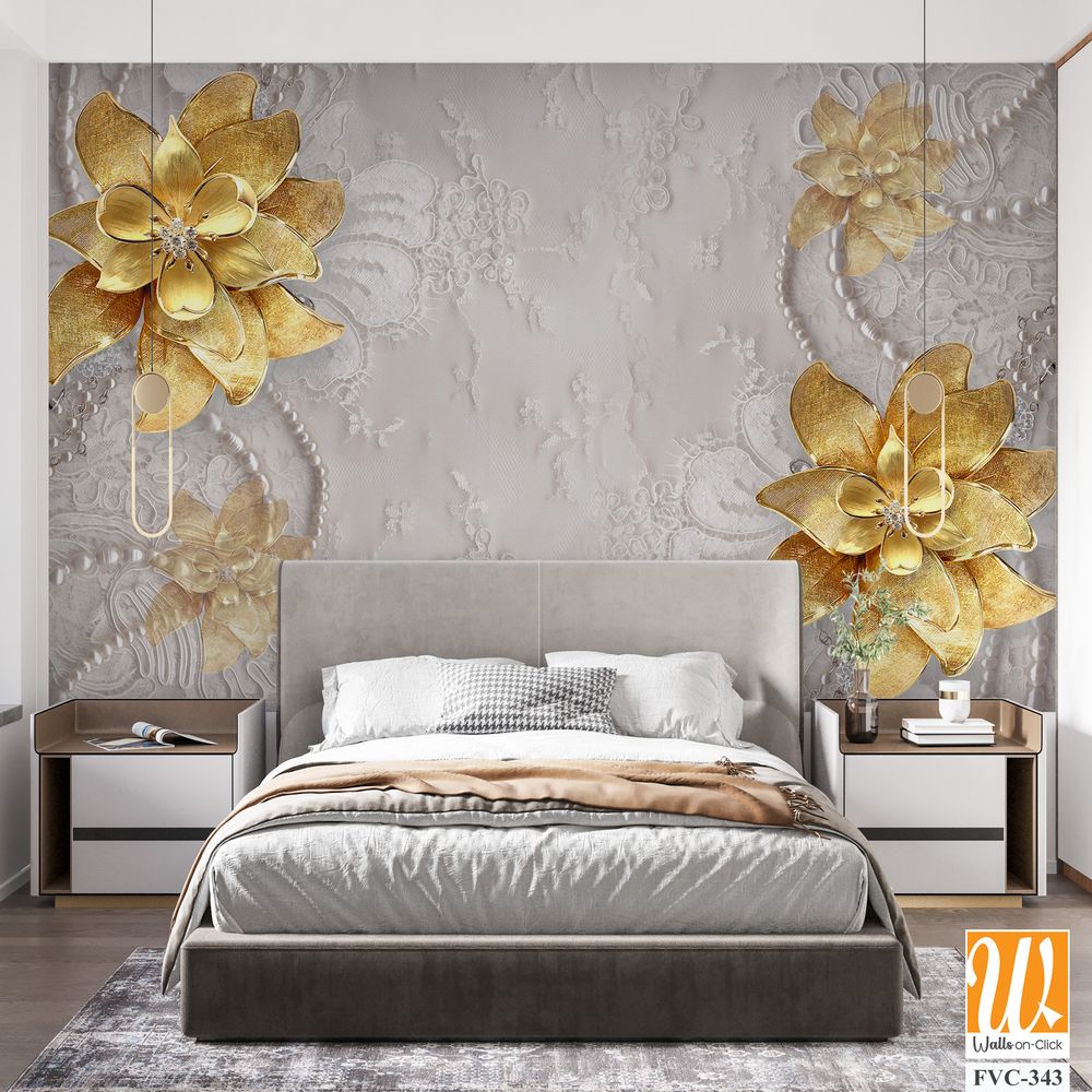 3D floral gold flowers on a lace background Wallpaper [WP-FVC-343]