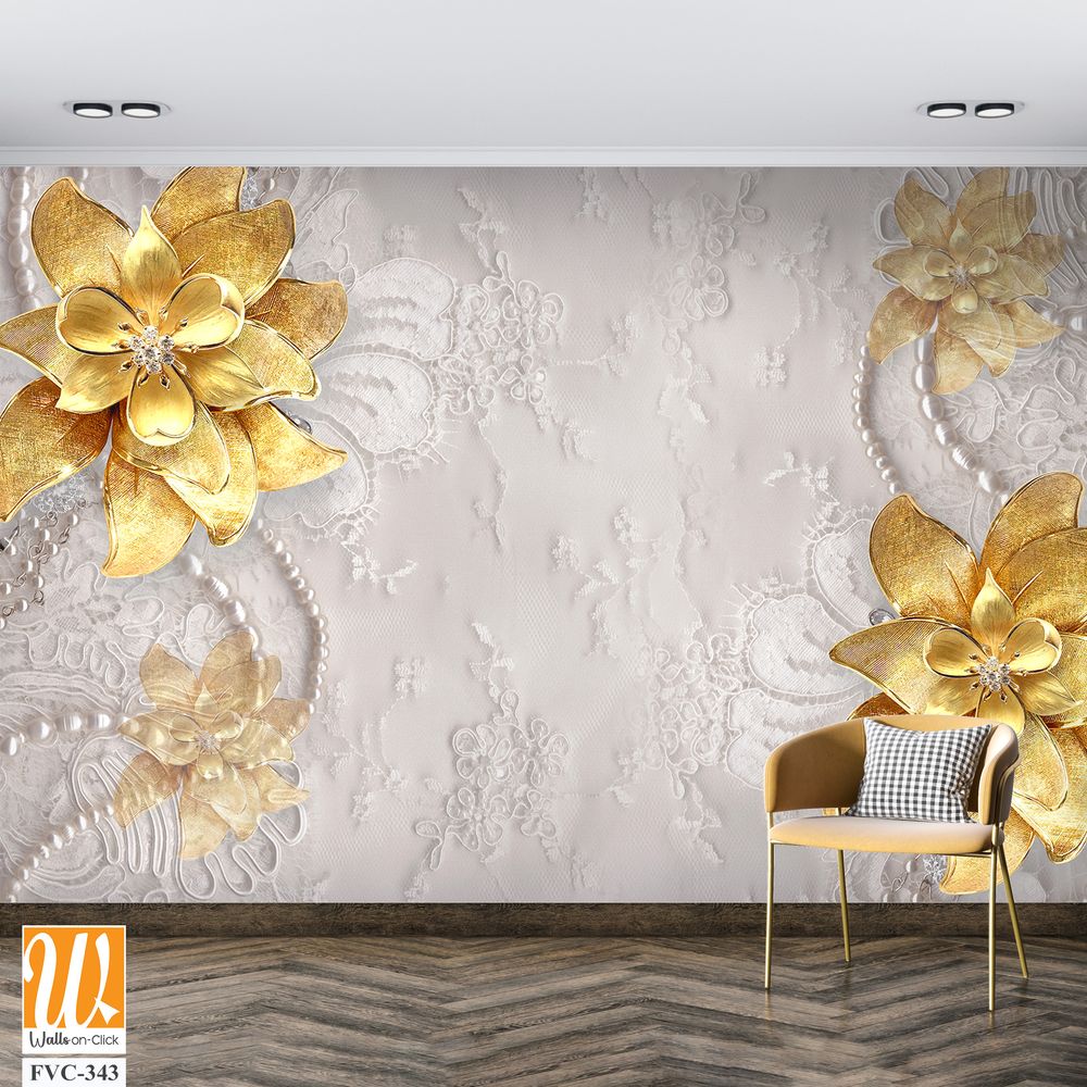 3D floral gold flowers on a lace background Wallpaper [WP-FVC-343]