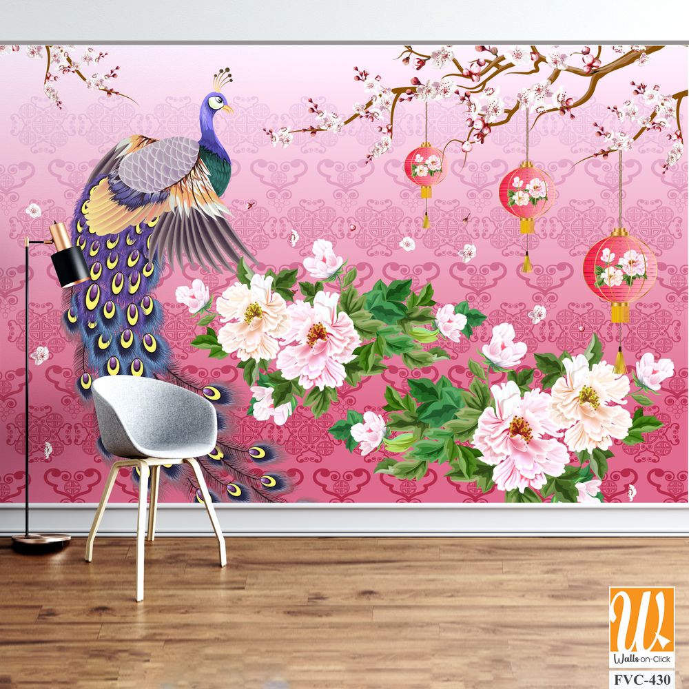 Peacock with plum blossoms and Chinese lanterns Wallpaper [WP-FVC-430]