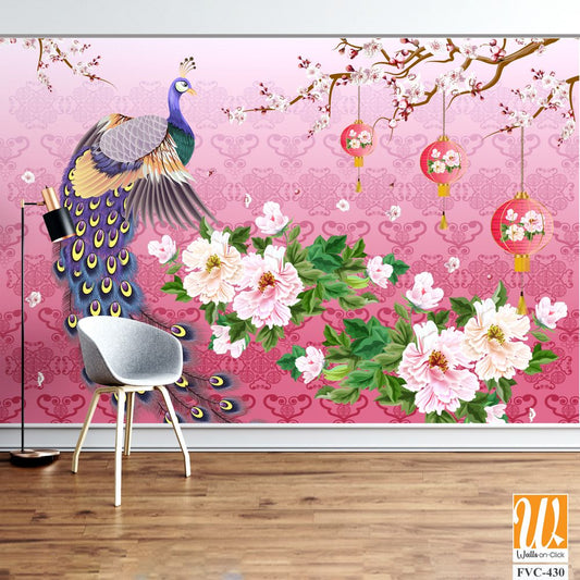 Peacock with plum blossoms and Chinese lanterns Wallpaper [WP-FVC-430]