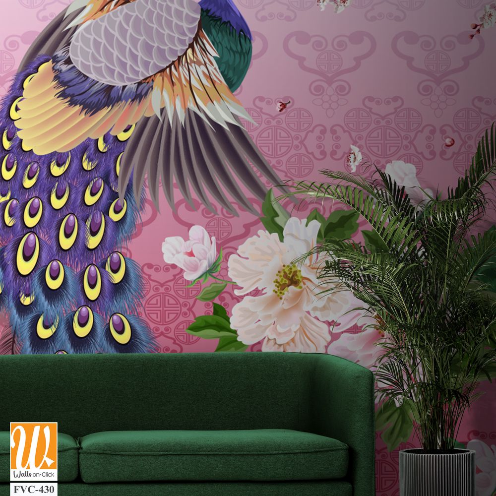 Peacock with plum blossoms and Chinese lanterns Wallpaper [WP-FVC-430]