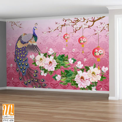 Peacock with plum blossoms and Chinese lanterns Wallpaper [WP-FVC-430]