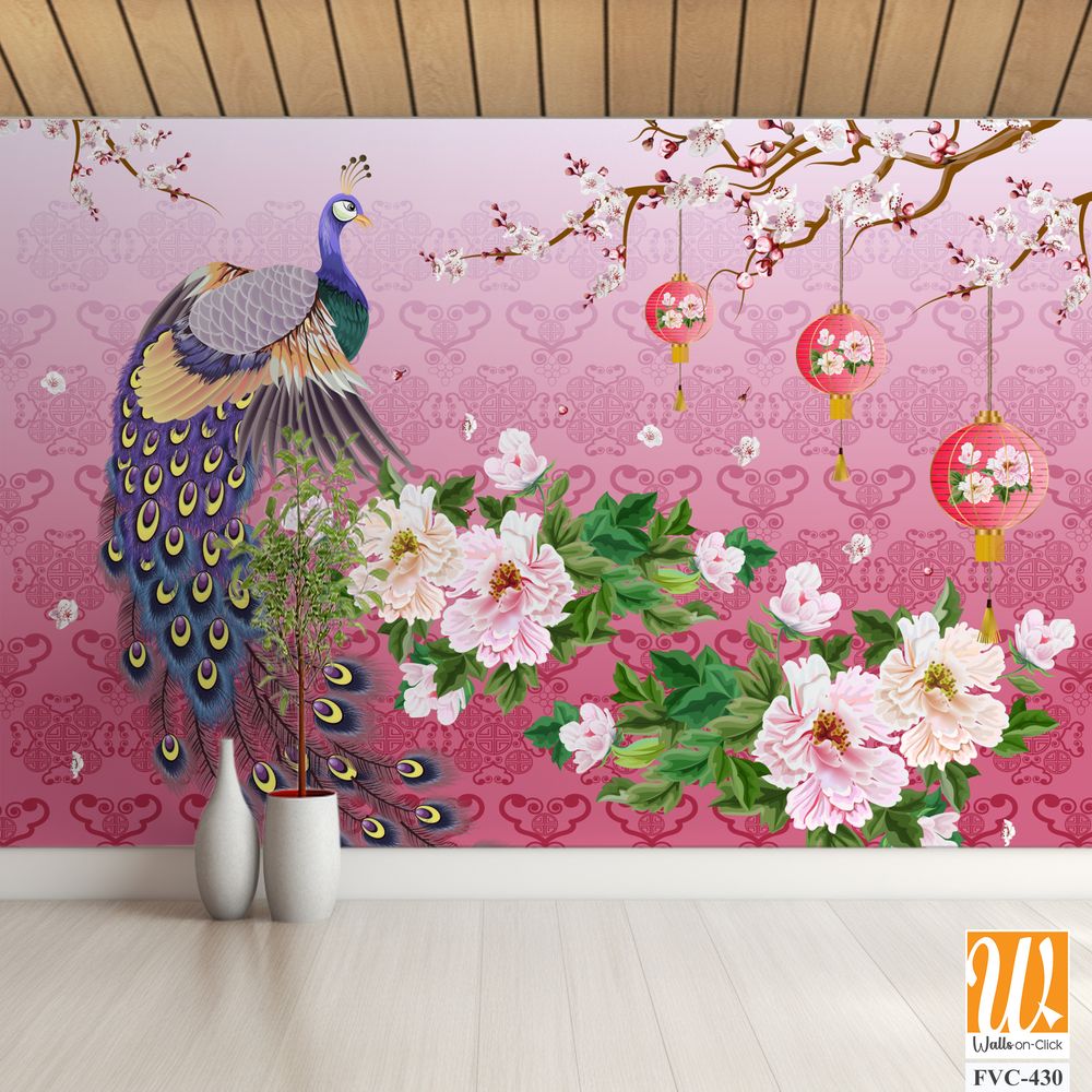 Peacock with plum blossoms and Chinese lanterns Wallpaper [WP-FVC-430]