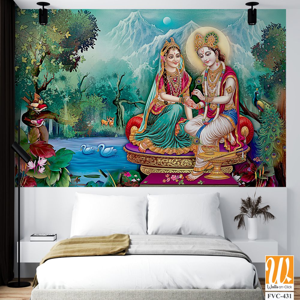 Shri Krishna and Radha Devi, sitting on a golden throne Wallpaper [WP-FVC-431]