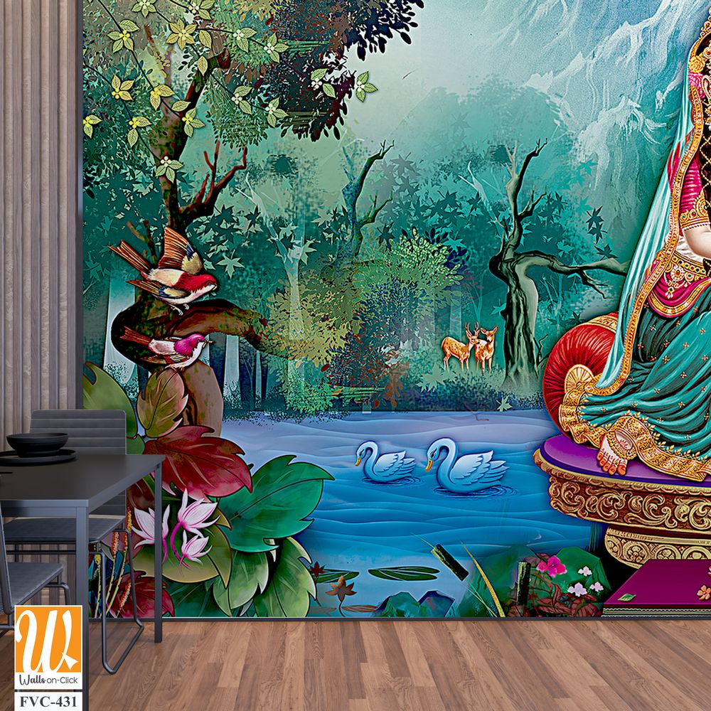 Shri Krishna and Radha Devi, sitting on a golden throne Wallpaper [WP-FVC-431]