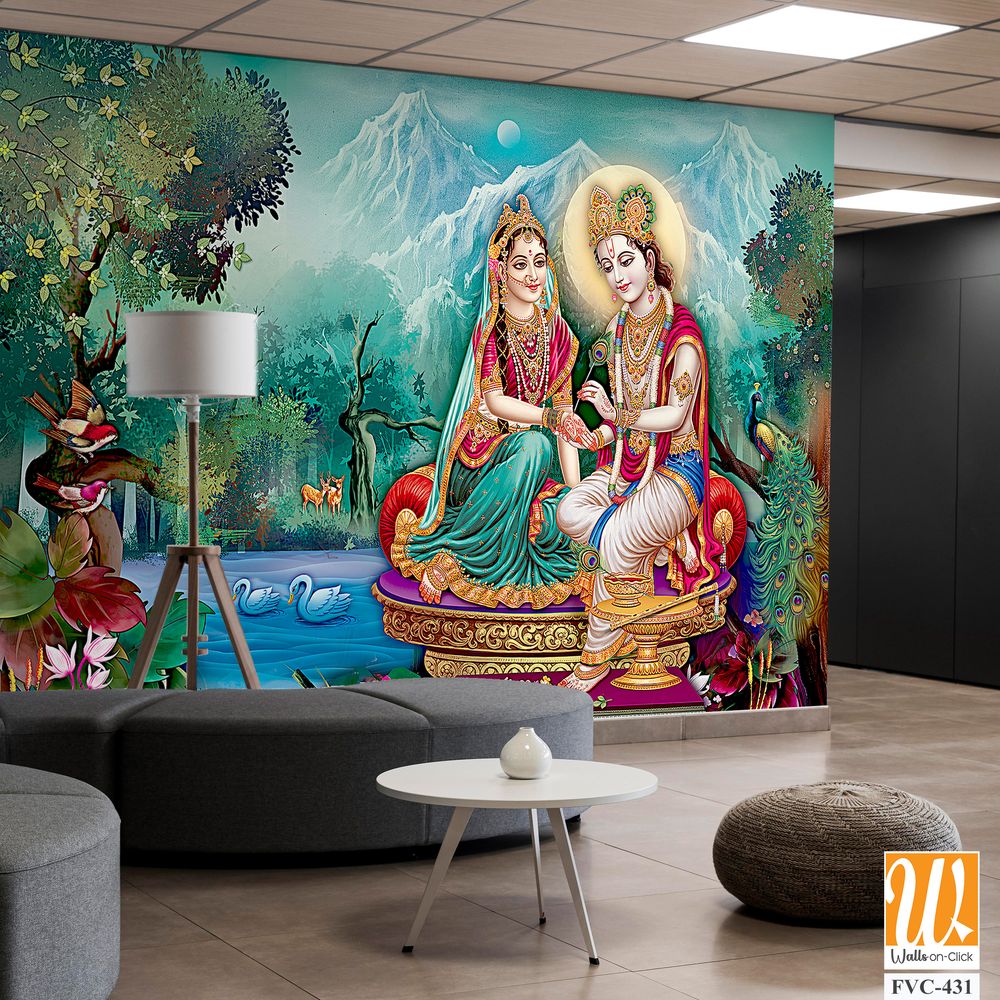 Shri Krishna and Radha Devi, sitting on a golden throne Wallpaper [WP-FVC-431]