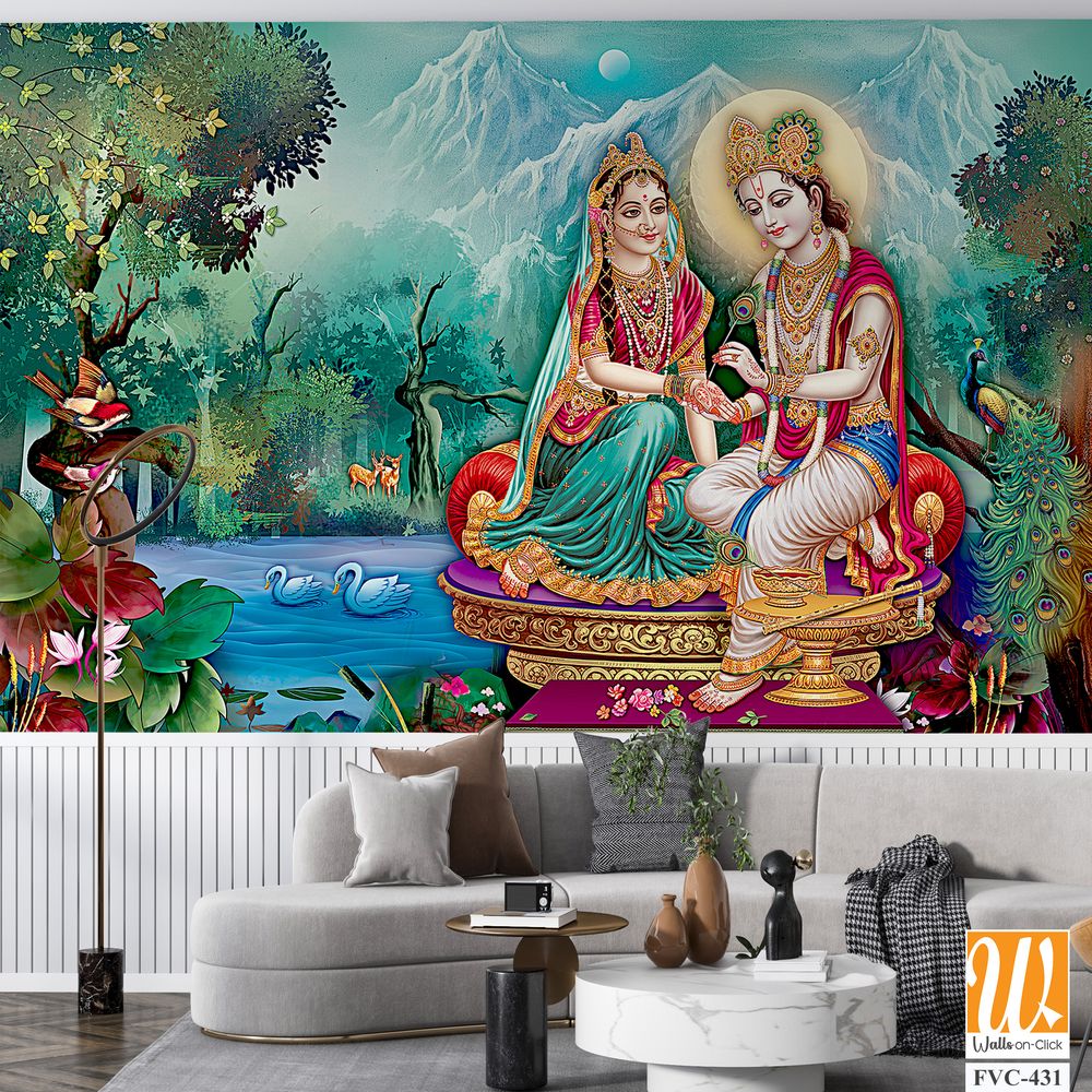 Shri Krishna and Radha Devi, sitting on a golden throne Wallpaper [WP-FVC-431]