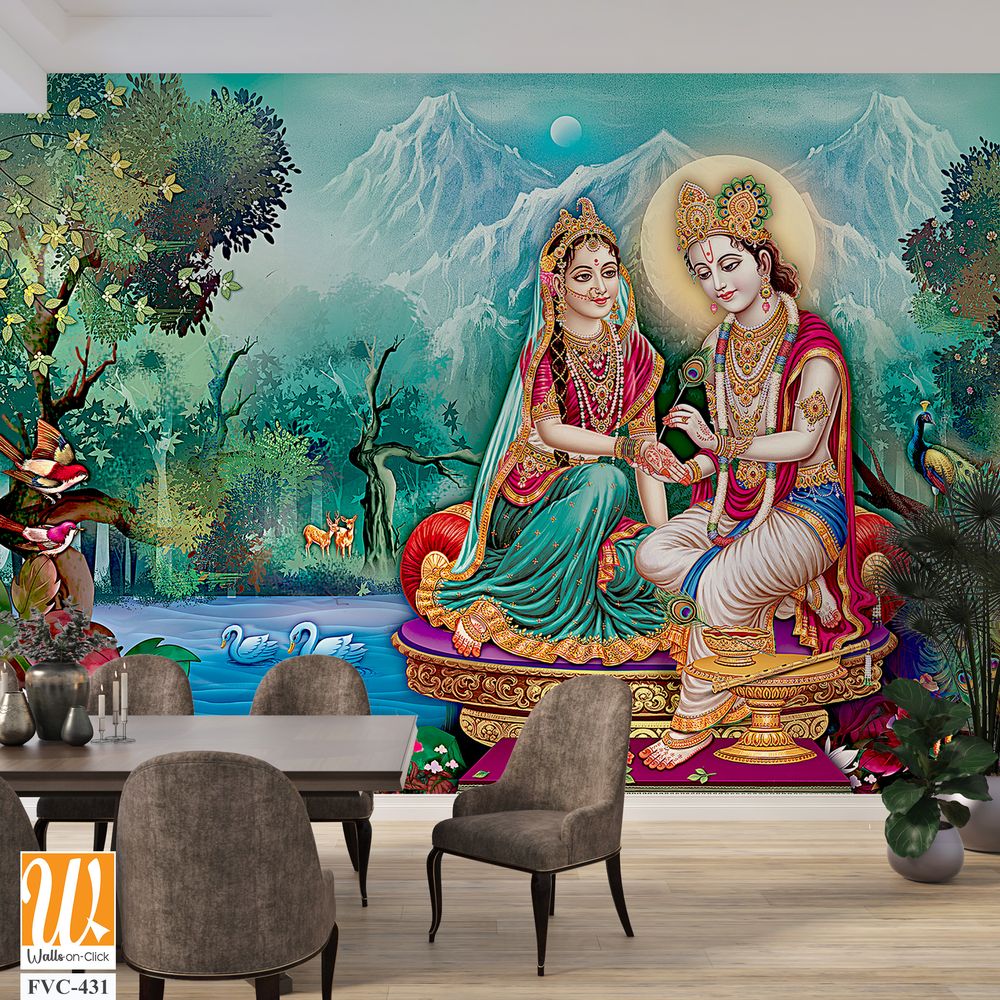 Shri Krishna and Radha Devi, sitting on a golden throne Wallpaper [WP-FVC-431]