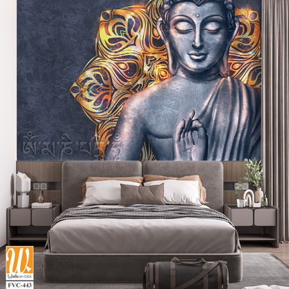 Buddha with Tibetan patterns, gray background Wallpaper [WP-FVC-443]