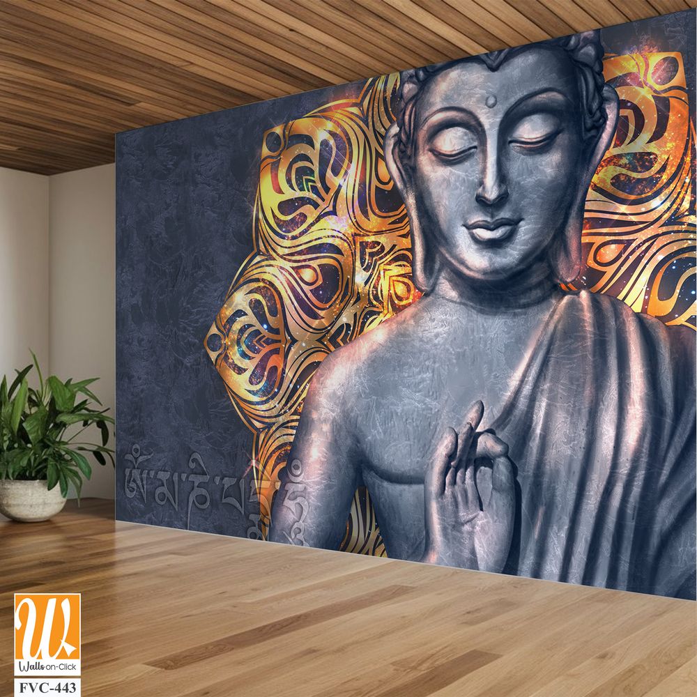 Buddha with Tibetan patterns, gray background Wallpaper [WP-FVC-443]