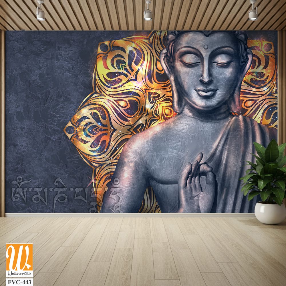 Buddha with Tibetan patterns, gray background Wallpaper [WP-FVC-443]