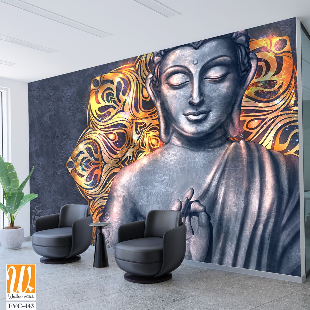 Buddha with Tibetan patterns, gray background Wallpaper [WP-FVC-443]