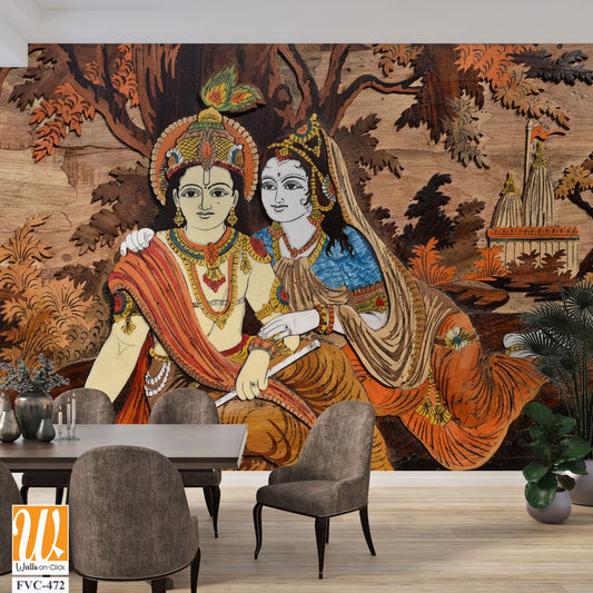 Wooden inlay painting of Lord Krishna and Radha Wallpaper [WP-FVC-472]