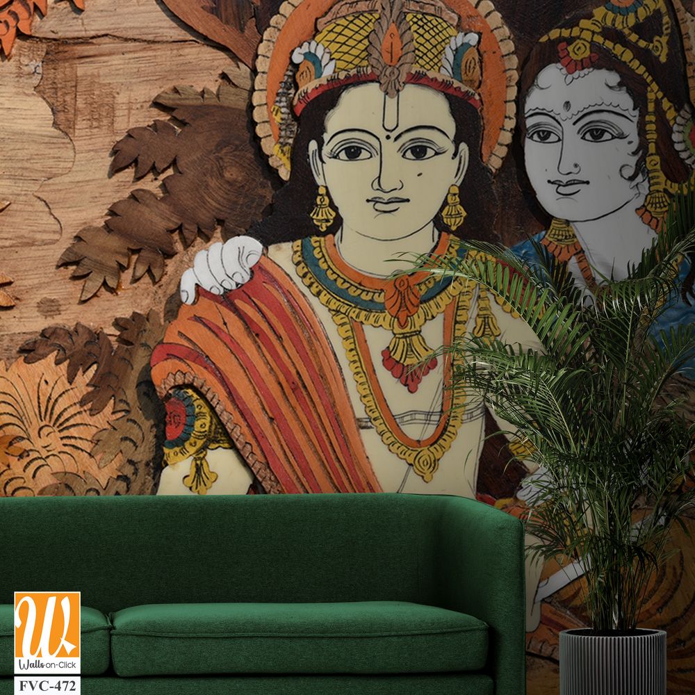 Wooden inlay painting of Lord Krishna and Radha Wallpaper [WP-FVC-472]