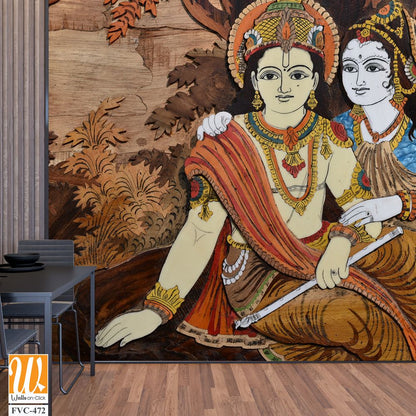 Wooden inlay painting of Lord Krishna and Radha Wallpaper [WP-FVC-472]