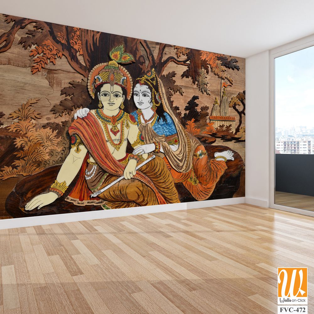 Wooden inlay painting of Lord Krishna and Radha Wallpaper [WP-FVC-472]