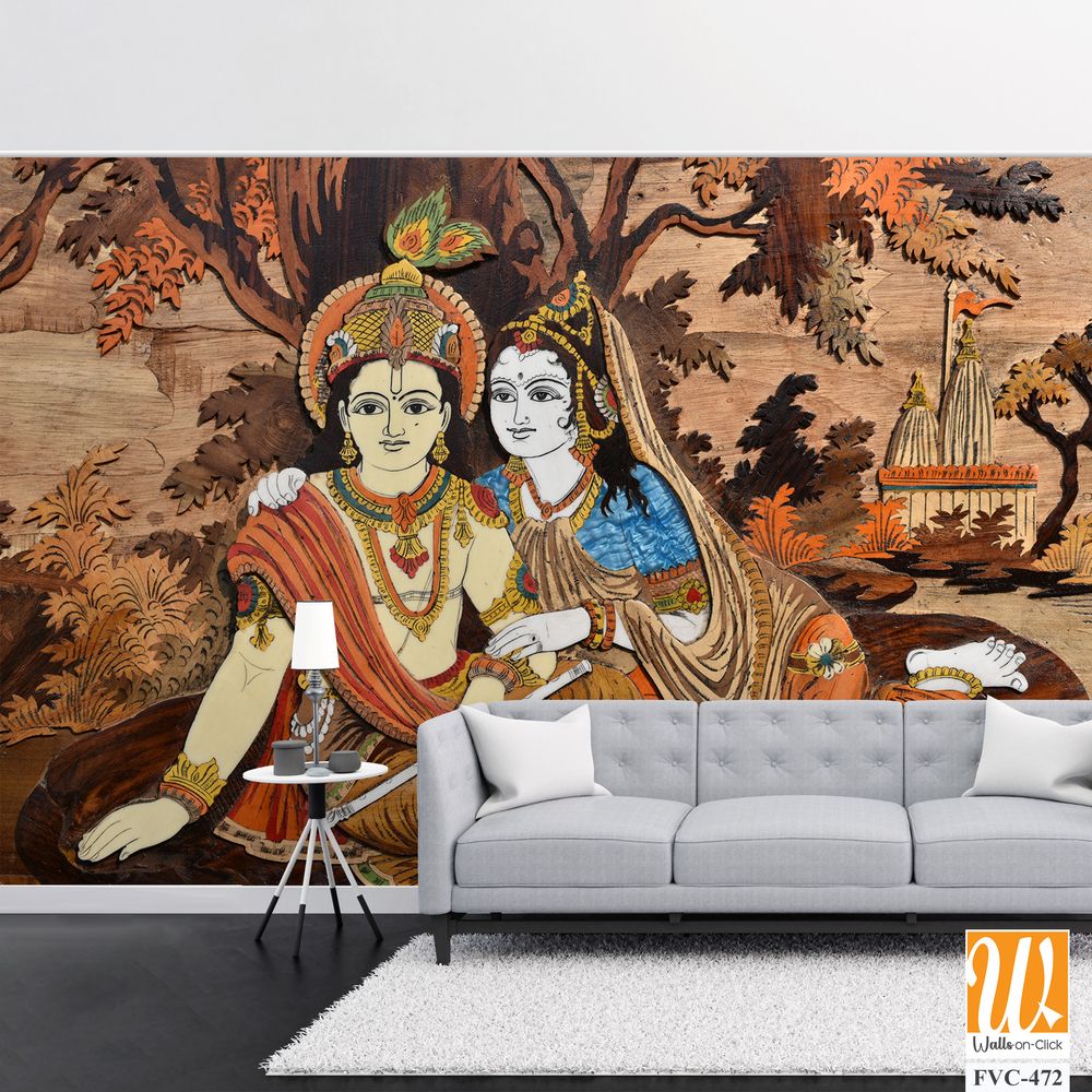 Wooden inlay painting of Lord Krishna and Radha Wallpaper [WP-FVC-472]