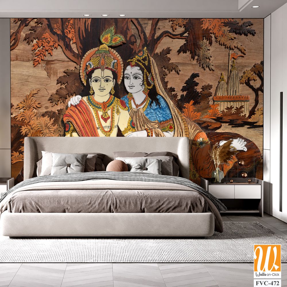 Wooden inlay painting of Lord Krishna and Radha Wallpaper [WP-FVC-472]