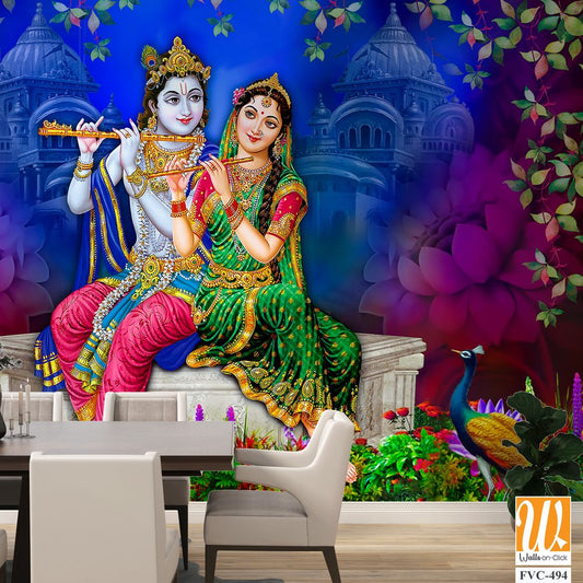 Lord Krishna and Goddess Radha sitting on a stone platform Wallpaper [WP-FVC-494]