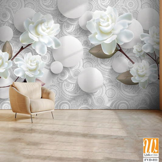 3D wallpaper featuring white roses and gardenias [WP-FVD-011]