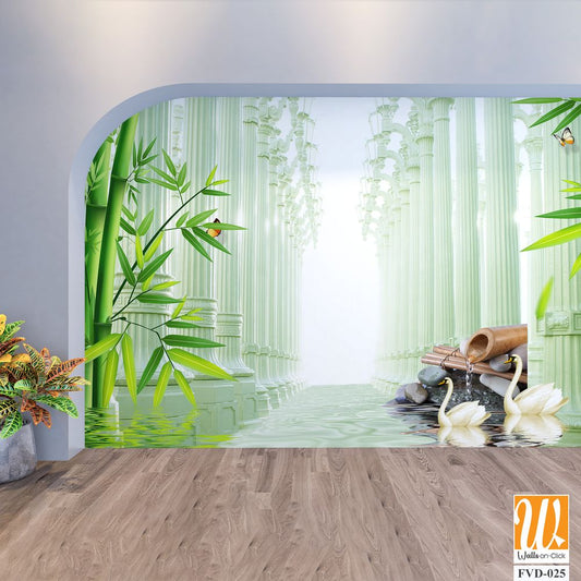 3D wallpaper, bamboo forest, columns with stone carvings [WP-FVD-025]