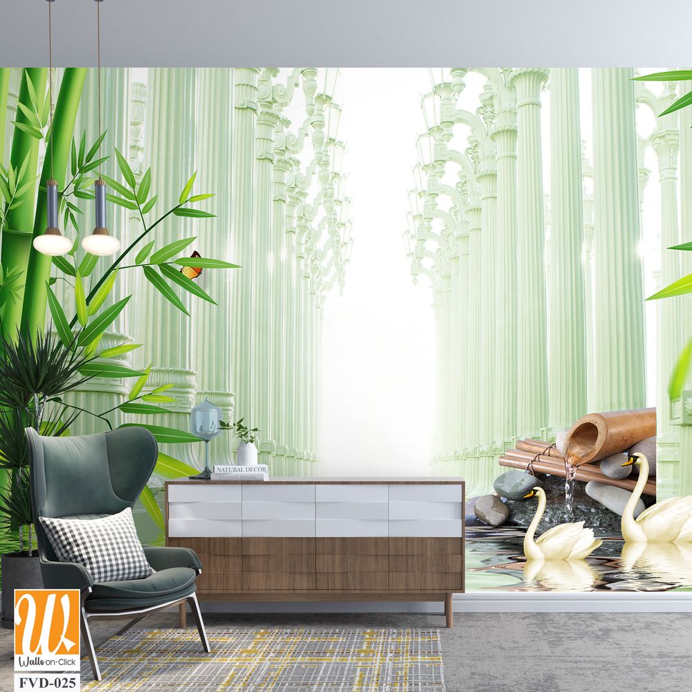 3D wallpaper, bamboo forest, columns with stone carvings [WP-FVD-025]