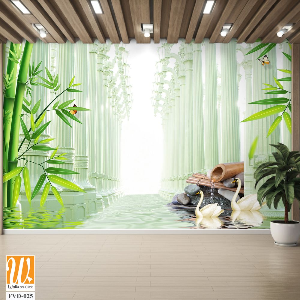 3D wallpaper, bamboo forest, columns with stone carvings [WP-FVD-025]