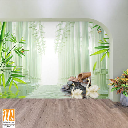 3D wallpaper, bamboo forest, columns with stone carvings [WP-FVD-025]