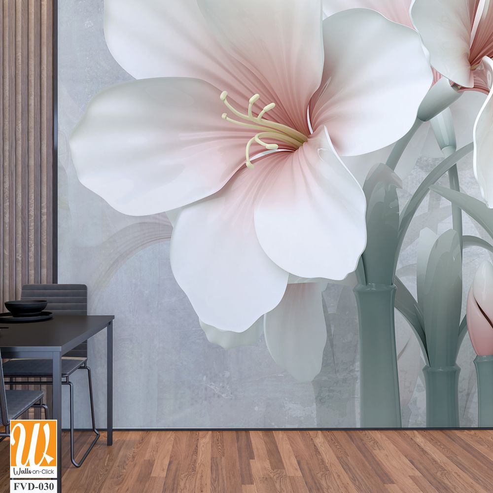 3D wallpaper with white and pink flowers [WP-FVD-030]