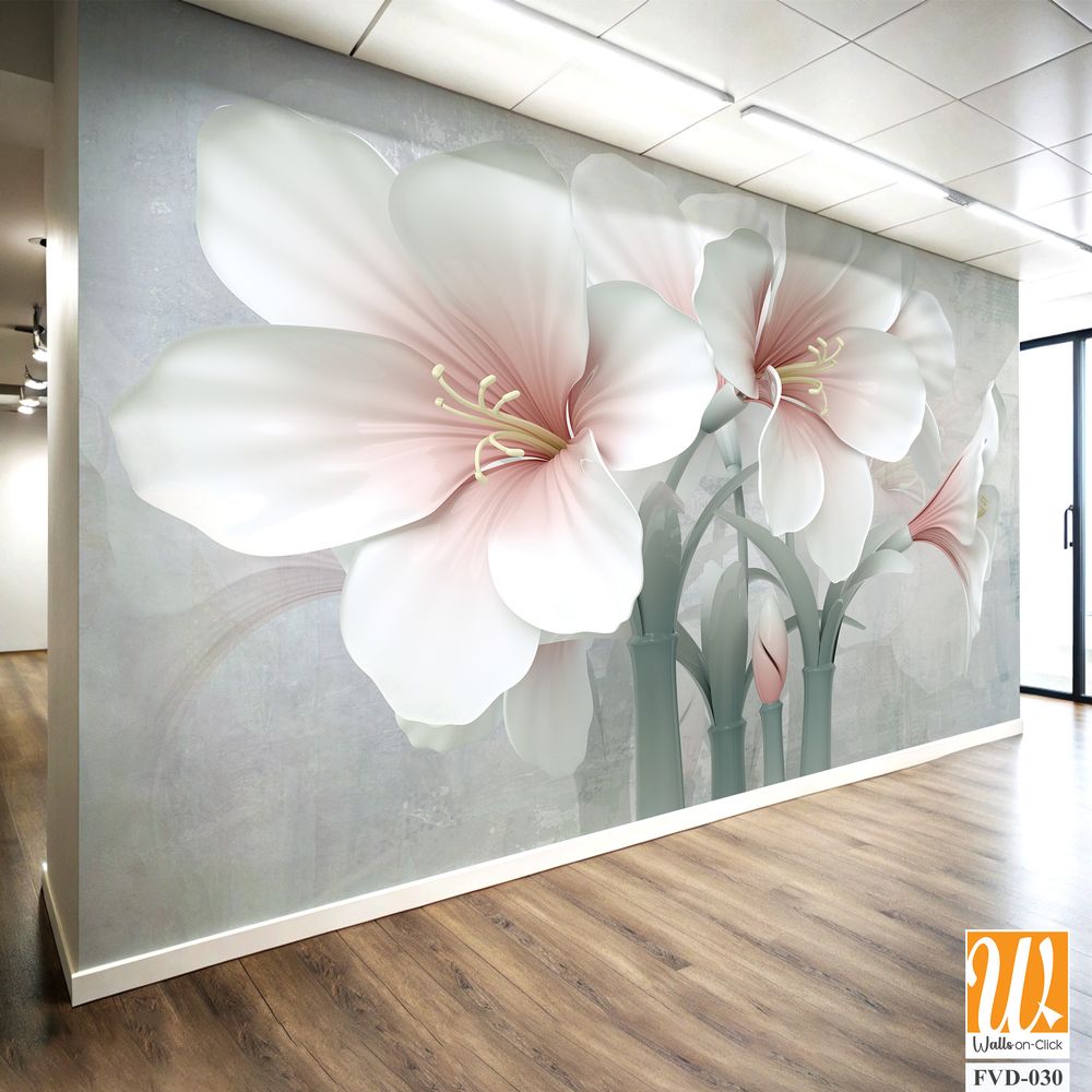 3D wallpaper with white and pink flowers [WP-FVD-030]